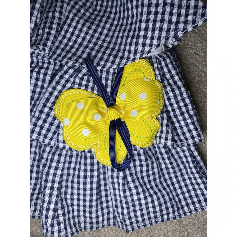 Rare Editions 6M Navy Gingham Butterfly Outfit 2pc Set Pom Pom Trim Summer